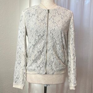 Willow & Clay Cream Lace Bomber Jacket with light gray lining